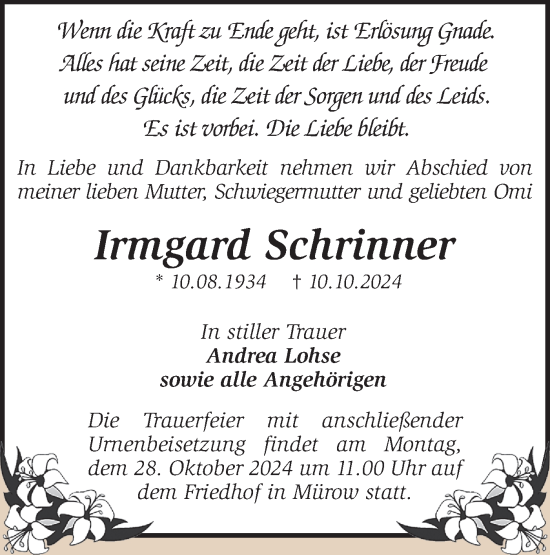 Traueranzeige von Irmgard Schrinner von Märkische Oderzeitung