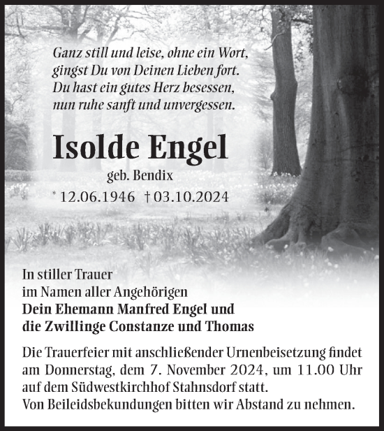 Traueranzeige von Isolde Engel von Märkische Oderzeitung