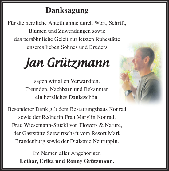 Traueranzeige von Jan Grützmann von Märkische Oderzeitung