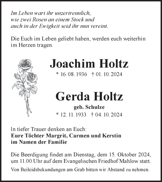 Traueranzeige von Joachim und Gerda Holtz von Märkische Oderzeitung