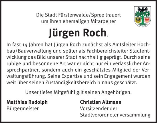 Traueranzeige von Jürgen Roch von Märkische Oderzeitung