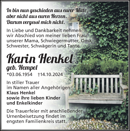 Traueranzeige von Karin Henkel von Märkische Oderzeitung