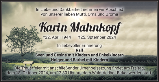 Traueranzeige von Karin Mahnkopf von Märkische Oderzeitung