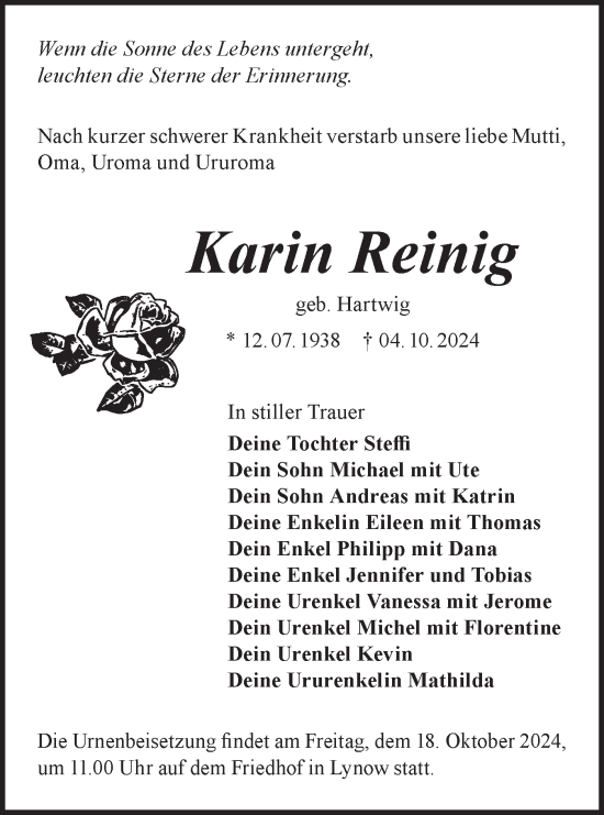 Traueranzeige von Karin Reinig von Märkische Oderzeitung