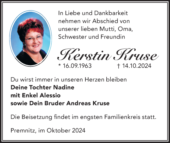 Traueranzeige von Kerstin Kruse von Märkische Oderzeitung