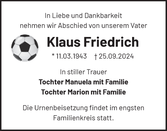 Traueranzeige von Klaus Friedrich von Märkische Oderzeitung