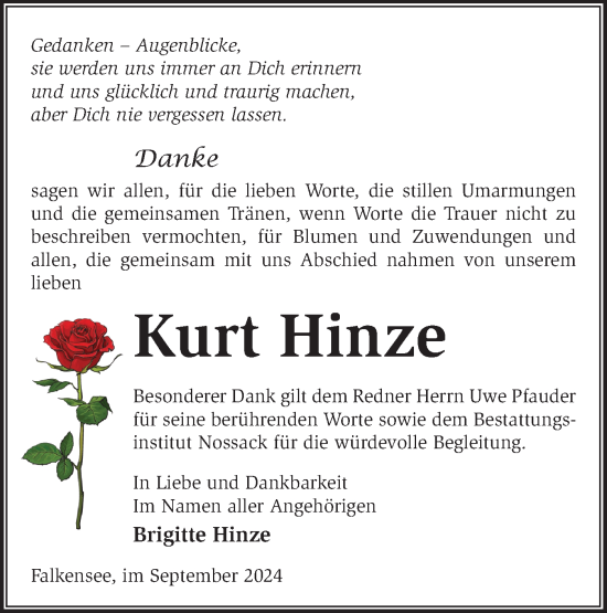 Traueranzeige von Kurt Hinze von Märkische Oderzeitung