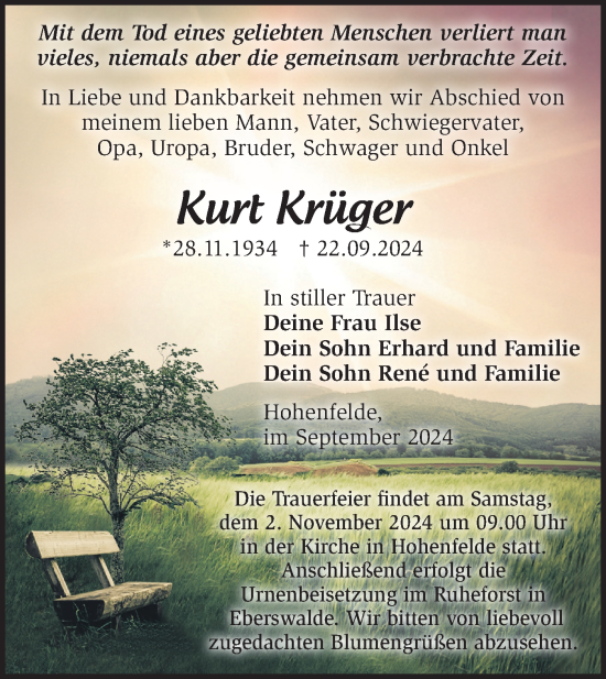 Traueranzeige von Kurt Krüger von Märkische Oderzeitung