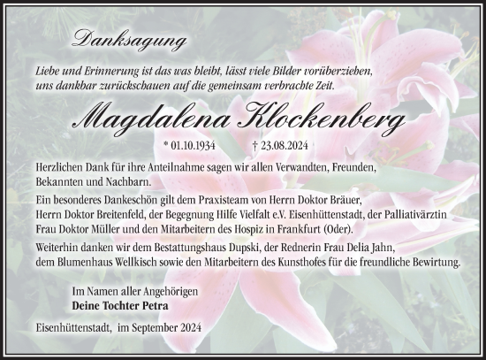 Traueranzeige von Magdalena Klockenberg von Märkische Oderzeitung