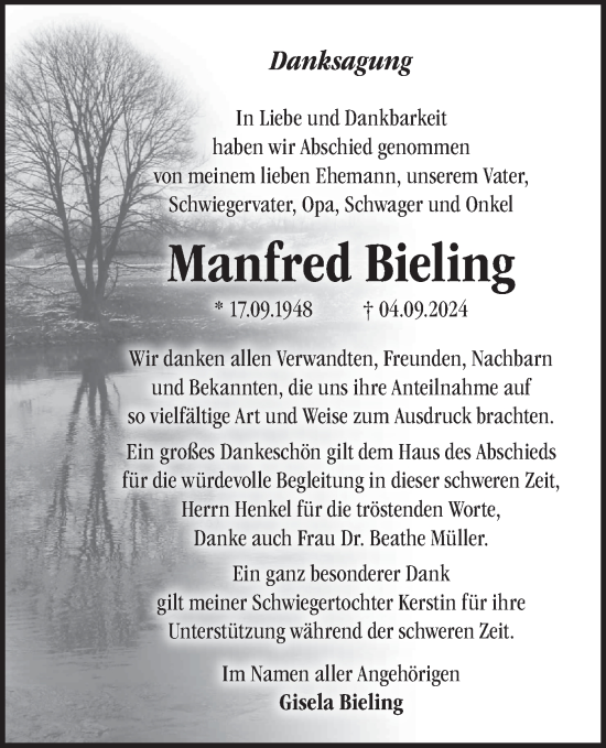 Traueranzeige von Manfred Bieling von Märkische Oderzeitung