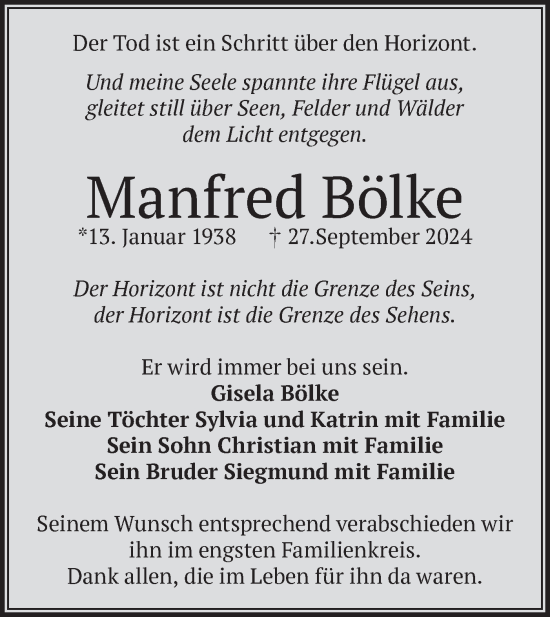 Traueranzeige von Manfred Bölke von Märkische Oderzeitung