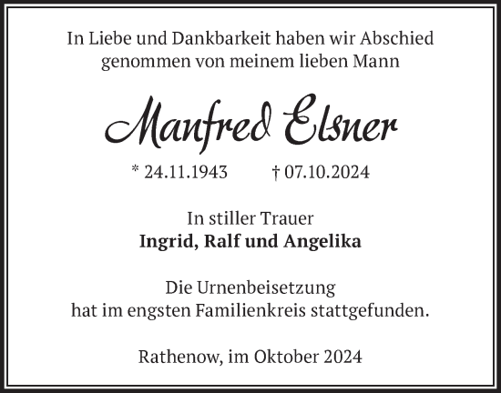 Traueranzeige von Manfred Elsner von Märkische Oderzeitung