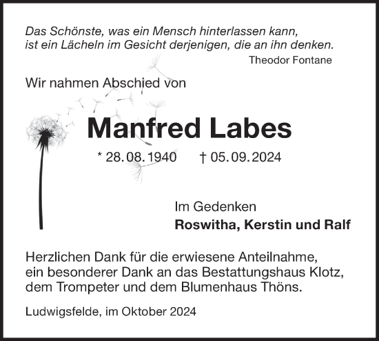 Traueranzeige von Manfred Labes von Märkische Oderzeitung