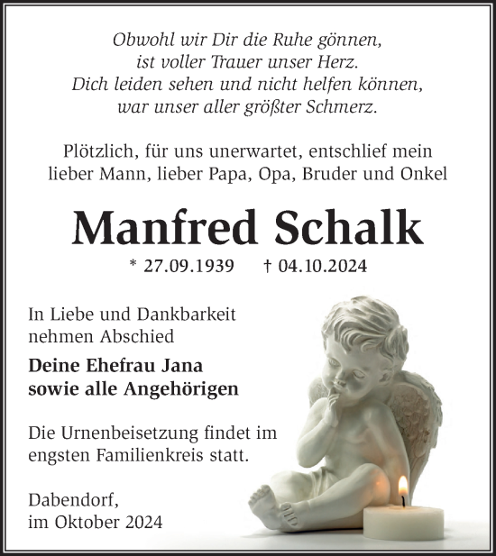 Traueranzeige von Manfred Schalk von Märkische Oderzeitung