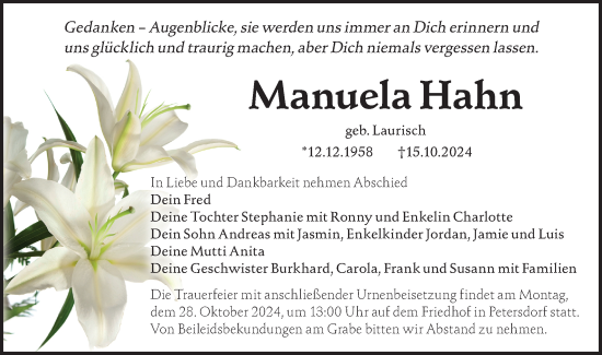 Traueranzeige von Manuela Hahn von Märkische Oderzeitung