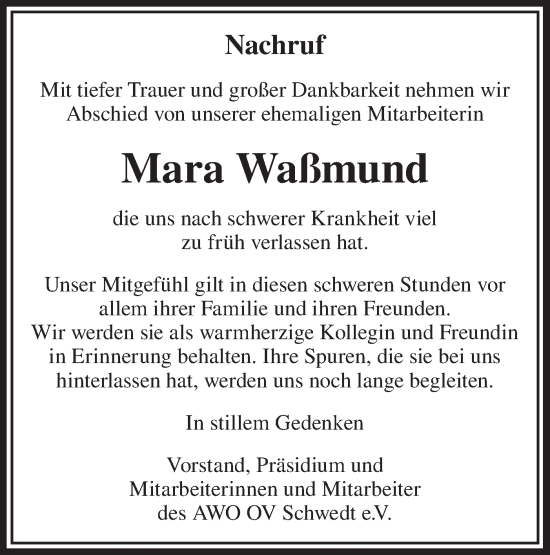 Traueranzeige von Mara Waßmund von Märkische Oderzeitung