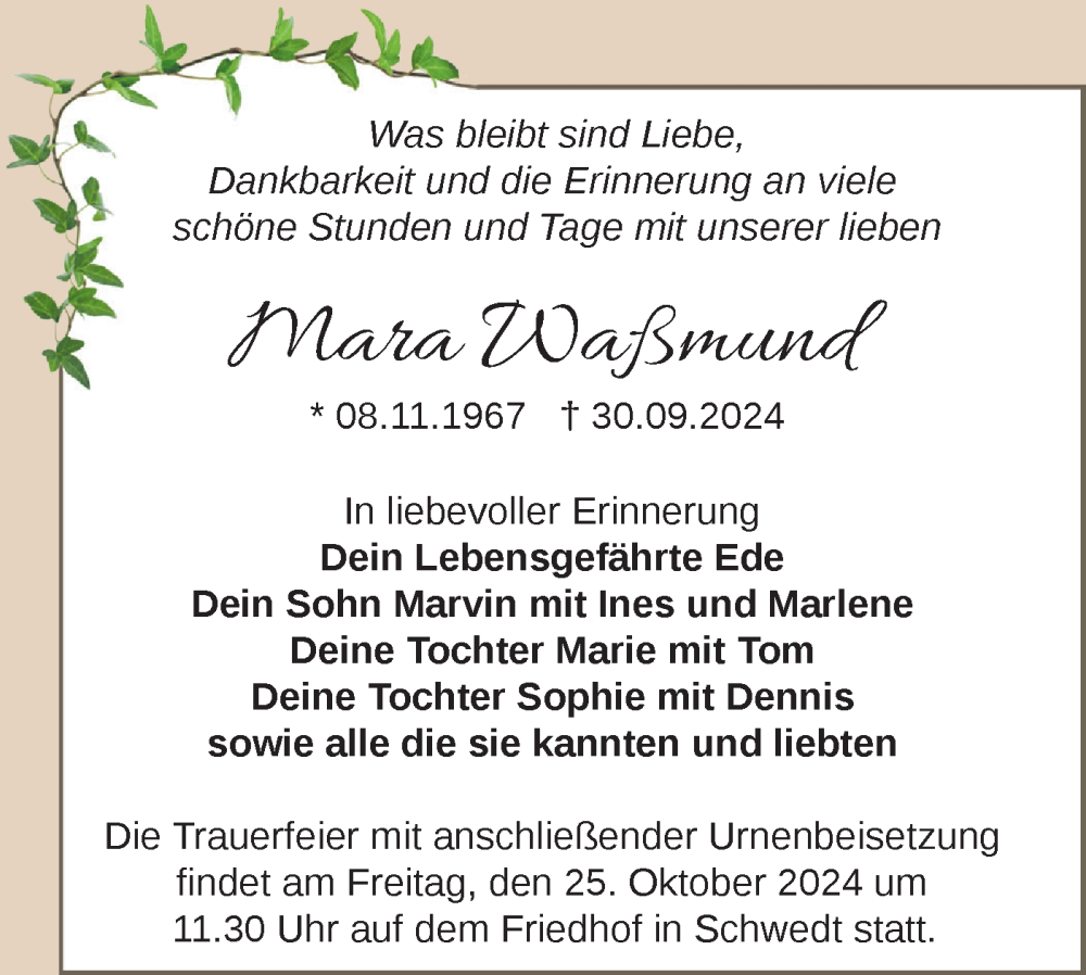  Traueranzeige für Mara Waßmund vom 08.10.2024 aus Märkische Oderzeitung