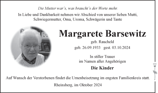 Traueranzeige von Margarete Barsewitz von Märkische Oderzeitung