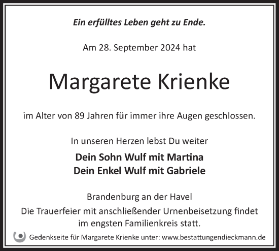 Traueranzeige von Margarete Krienke von Märkische Oderzeitung