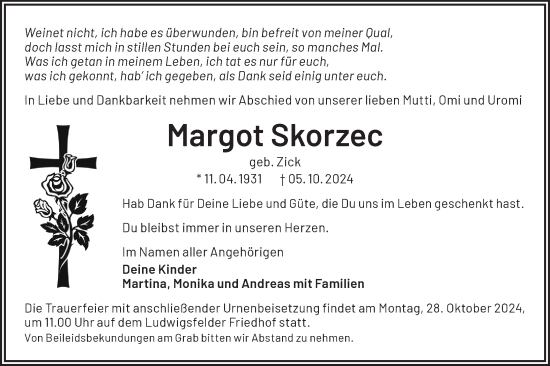 Traueranzeige von Margot Skorzec von Märkische Oderzeitung