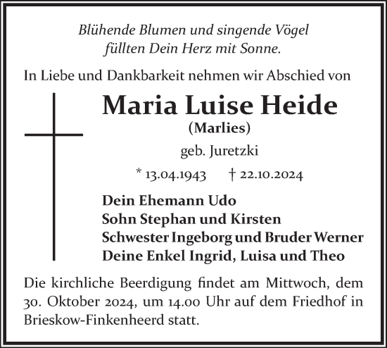 Traueranzeige von Maria Luise Heide von Märkische Oderzeitung