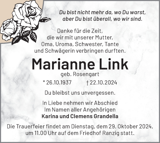 Traueranzeige von Marianne Link von Märkische Oderzeitung