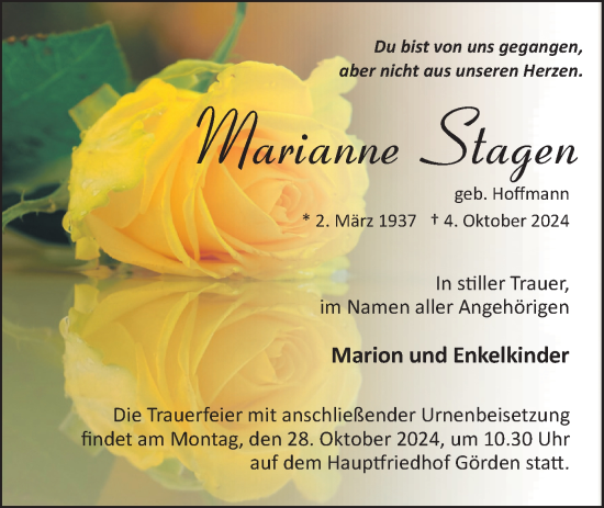 Traueranzeige von Marianne Stagen von Märkische Oderzeitung