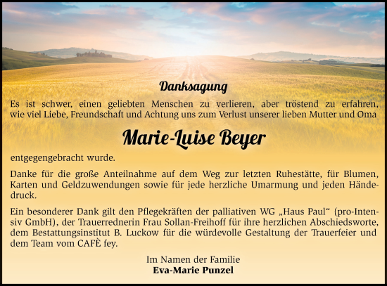 Traueranzeige von Marie-Luise Beyer von Märkische Oderzeitung