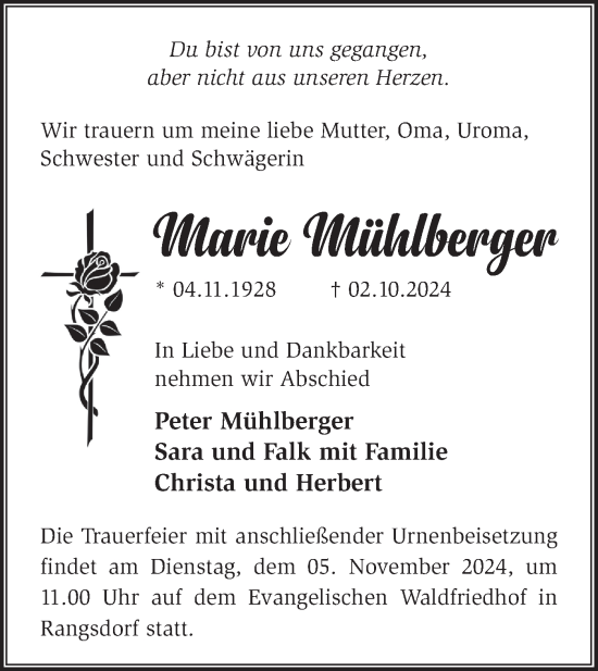 Traueranzeige von Marie Mühlberger von Märkische Oderzeitung