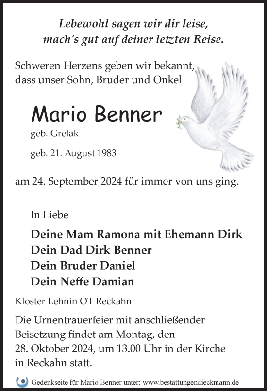 Traueranzeige von Mario Benner von Märkische Oderzeitung