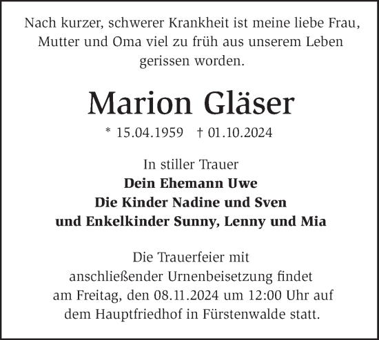 Traueranzeige von Marion Gläser von Märkische Oderzeitung