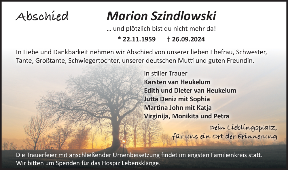  Traueranzeige für Marion Szindlowski vom 12.10.2024 aus Märkische Oderzeitung