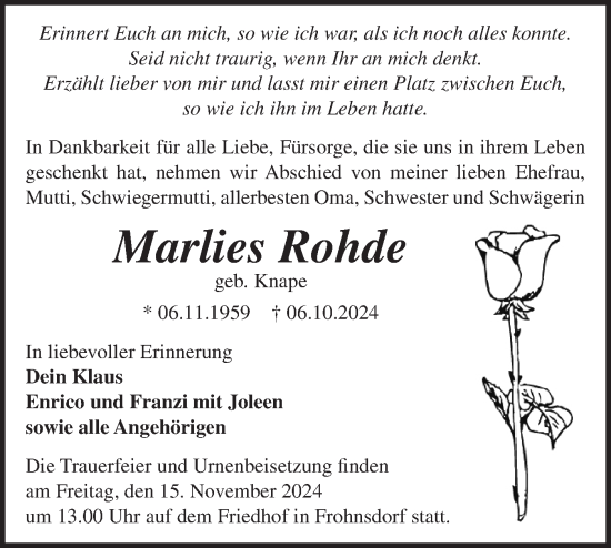 Traueranzeige von Marlies Rohde von Märkische Oderzeitung