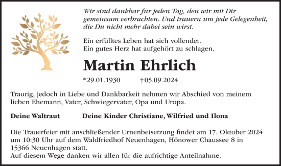 Traueranzeige von Martin Ehrlich von Märkische Oderzeitung