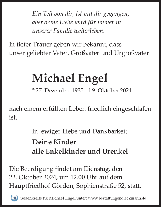 Traueranzeige von Michael Engel von Märkische Oderzeitung