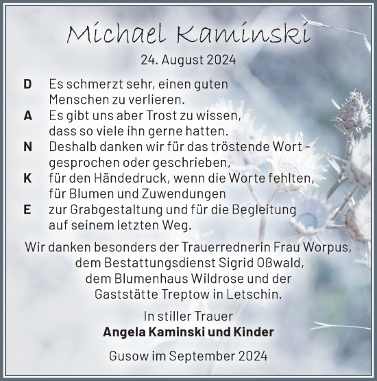 Traueranzeige von Michael Kaminski von Märkische Oderzeitung