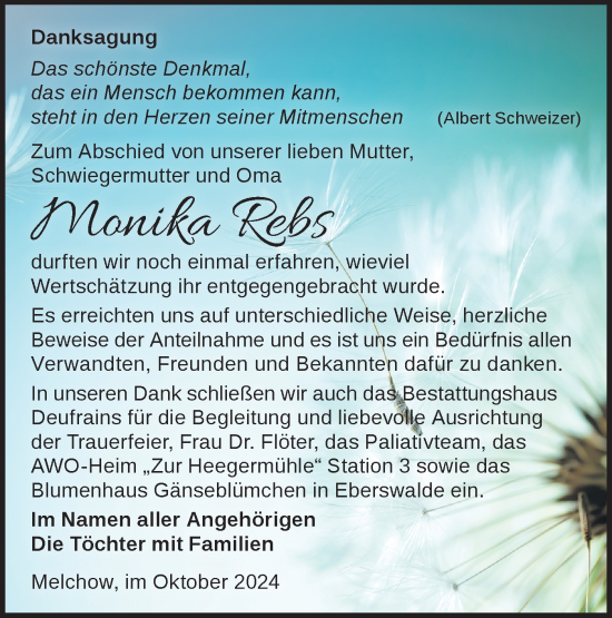 Traueranzeige von Monika Rebs von Märkische Oderzeitung