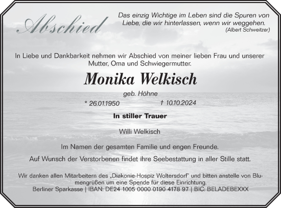 Traueranzeige von Monika Welkisch von Märkische Oderzeitung