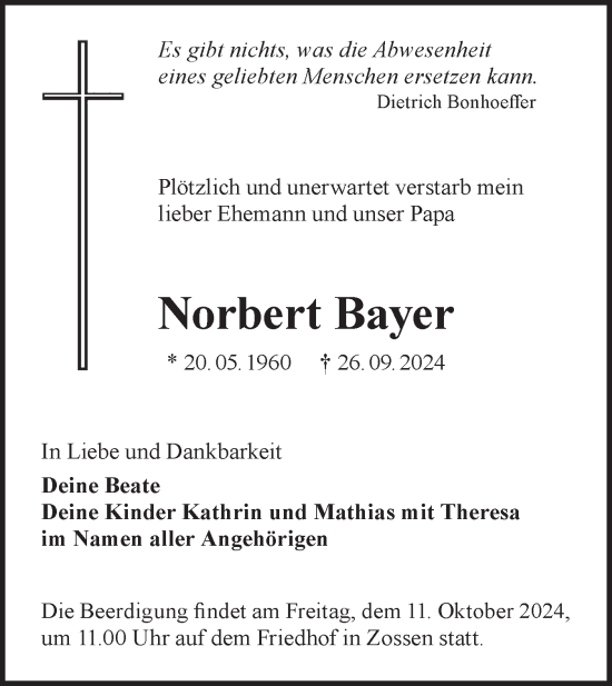 Traueranzeige von Norbert Bayer von Märkische Oderzeitung