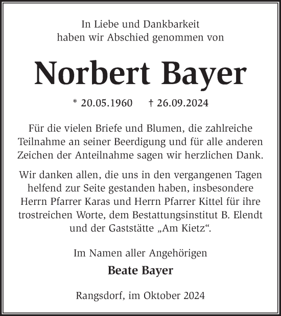 Traueranzeige von Norbert Bayer von Märkische Oderzeitung