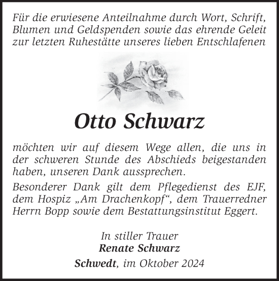 Traueranzeige von Otto Schwarz von Märkische Oderzeitung