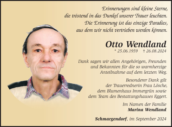 Traueranzeige von Otto Wendland von Märkische Oderzeitung