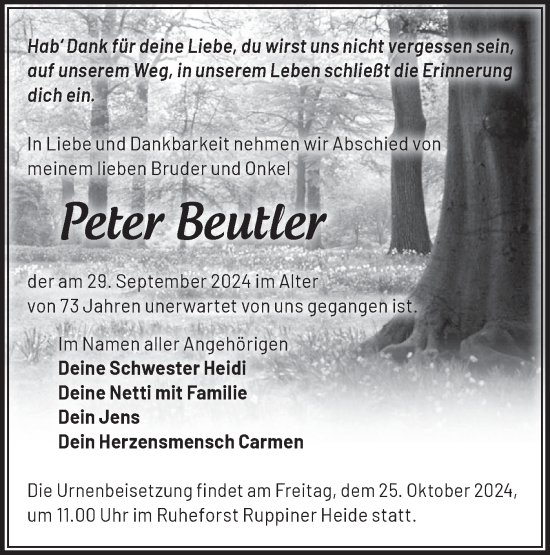 Traueranzeige von Peter Beutler von Märkische Oderzeitung