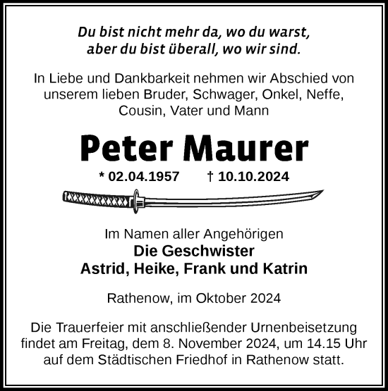 Traueranzeige von Peter Maurer von Märkische Oderzeitung