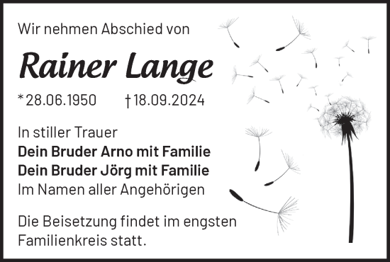 Traueranzeige von Rainer Lange von Märkische Oderzeitung