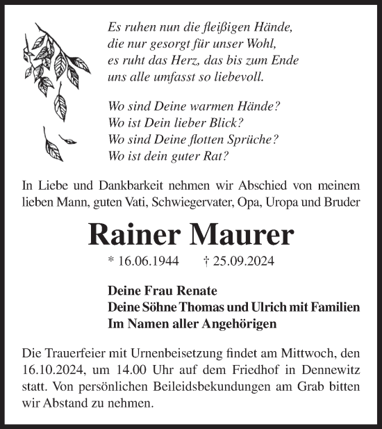 Traueranzeige von Rainer Maurer von Märkische Oderzeitung