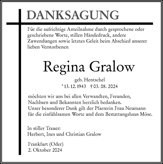 Traueranzeige von Regina Gralow von Märkische Oderzeitung