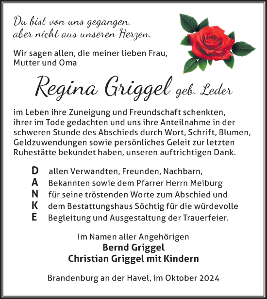 Traueranzeige von Regina Griggel von Märkische Oderzeitung