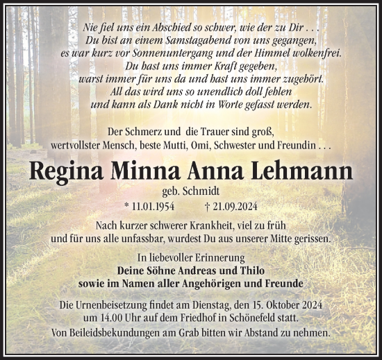 Traueranzeige von Regina  Lehmann von Märkische Oderzeitung