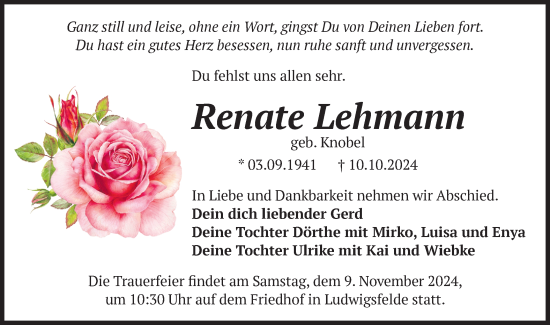 Traueranzeige von Renate Lehmann von Märkische Oderzeitung